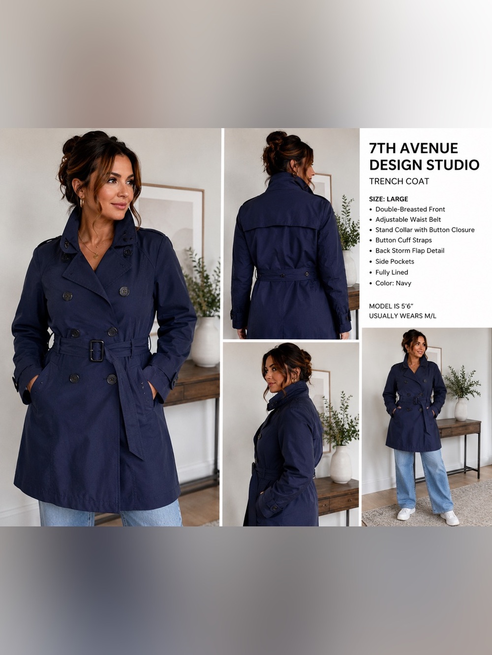7th Avenue Design Studio Navy Double-Breasted Trench Coat Size Large